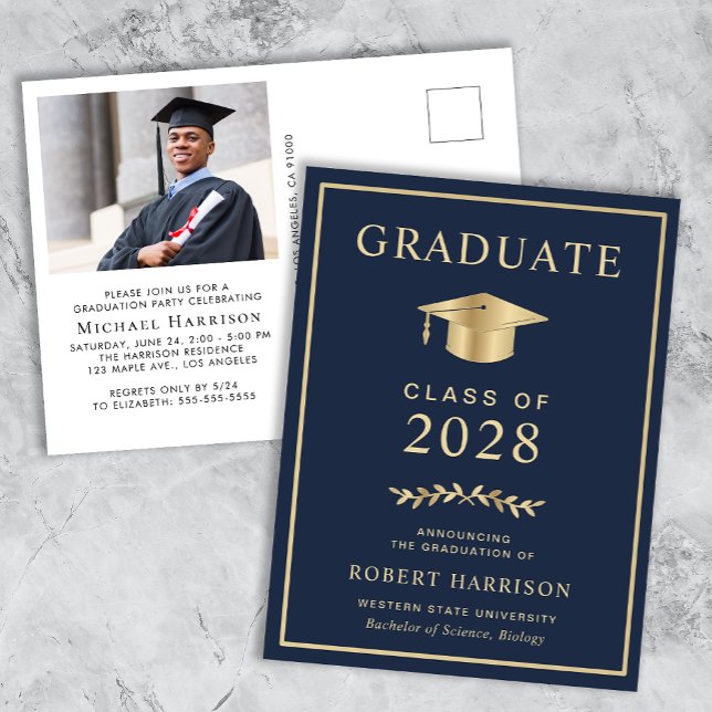 Invitation Carte Postale Élégante photo Blue College Graduation Party (Créateur téléchargé)