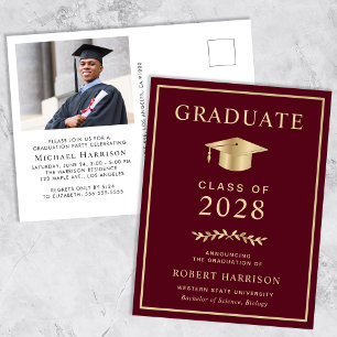 Invitation Carte Postale Élégante photo Burgundy College Graduation Party