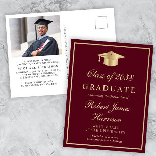 Invitation Carte Postale Élégante photo Burgundy Gold Graduation Party