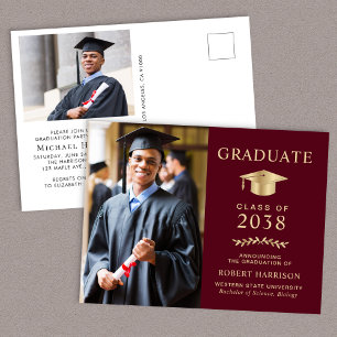 Invitation Carte Postale Élégante photo Burgundy Gold Graduation Party
