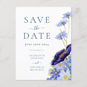 Invitation Carte Postale Élégante robe de mariée fleurie bleue d'été