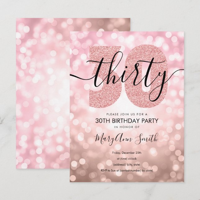 Invitation Carte Postale Elégante Rose moderne Gold 30th Birthday Party (Devant / Derrière)