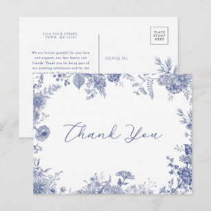 Invitation Carte Postale Elégante toile Merci bleu français