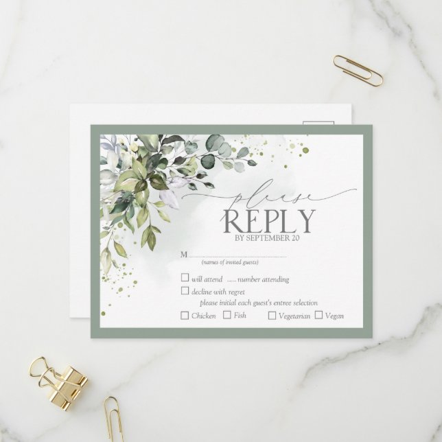 Invitation Carte Postale Elégante verdure botanique Aquarelle florale RSVP (Devant/Arrière en situation)