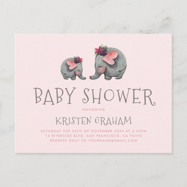 Invitation Carte Postale Eléphant Bébé mou | Baby shower d'aquarelle rose (Devant)
