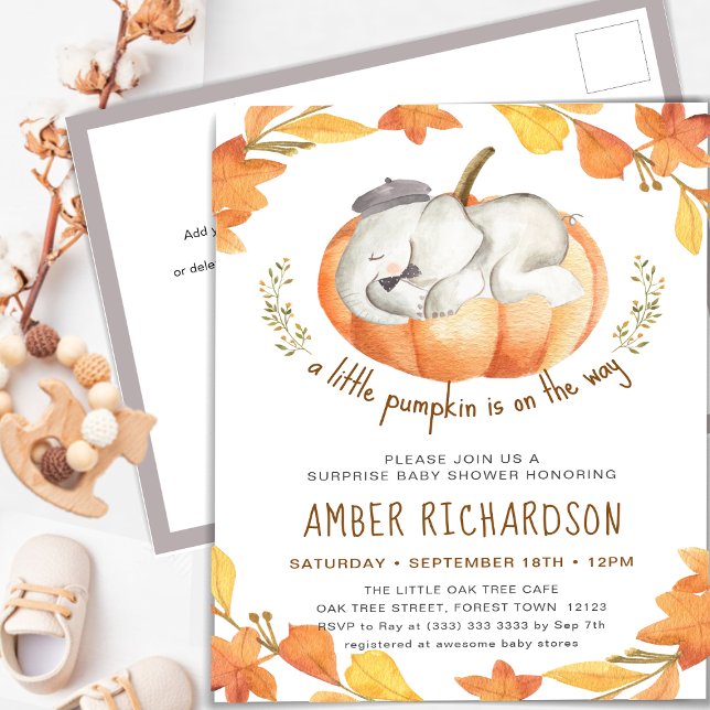 Invitation Carte Postale Elephant Boy Surprise Baby shower Automne Citrouil (Créateur téléchargé)