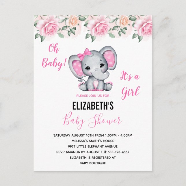 Invitation Carte Postale Eléphant de bébé rose et Baby shower frontalier Ro (Devant)