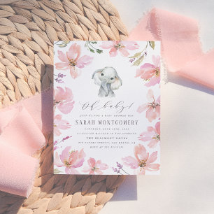 Invitation Carte Postale Eléphant Floral Rustique Blush Rose Baby Girl Douc