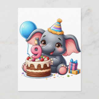 Invitation Carte Postale Éléphant Mignon 9ème Anniversaire