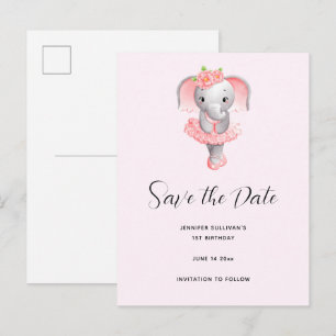 Invitation Carte Postale Eléphant mignon Ballerina rose & gris Enregistrer 