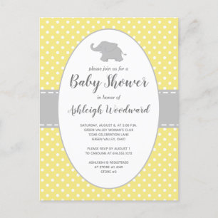 Invitation Carte Postale Eléphant mignon Polka jaune Baby shower neutre