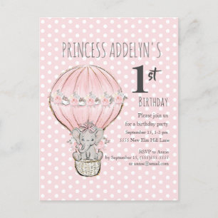 Invitation Carte Postale Éléphant Princesse Rose Ballon Points 1er Annivers