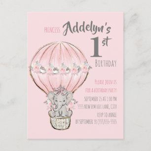 Invitation Carte Postale Éléphant Princesse Rose Montgolfière