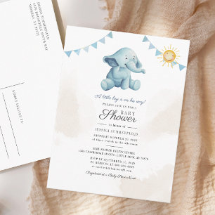 Invitation Carte Postale Elephant Sunshine Aquarelle Baby shower garçon