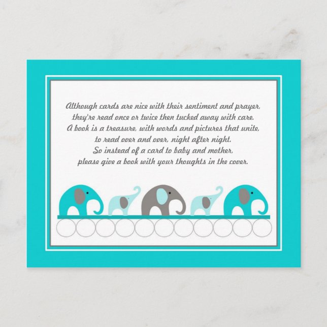 Invitation Carte Postale Eléphants bleu turquoise Insérer Baby shower livre (Devant)