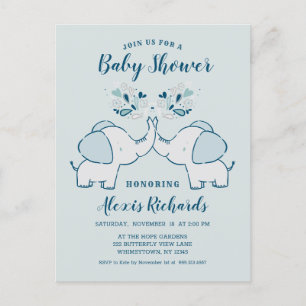 Invitation Carte Postale Éléphants en bleu marine et vert menthe pour l'arr