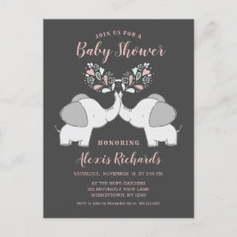 Invitation Carte Postale Eléphants en rose et gris bébé fille Twins Douche
