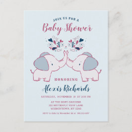 Invitation Carte Postale Eléphants et Coeurs adorables Baby shower mignon