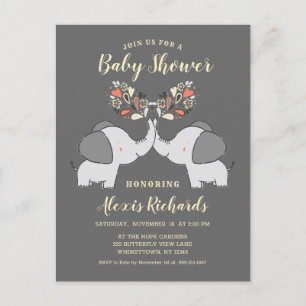 Invitation Carte Postale Éléphants Gris Fête de Bébé Mixte Mignonne