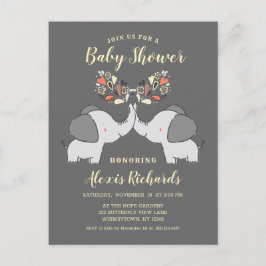 Invitation Carte Postale Eléphants gris Sexe Neutre Baby shower mignon