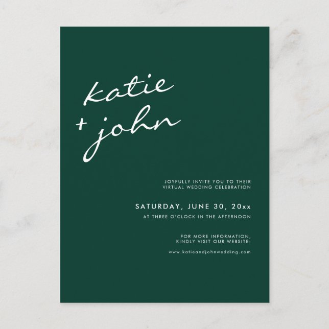 Invitation Carte Postale Emerald Green Calligraphy Mariage virtuel (Devant)