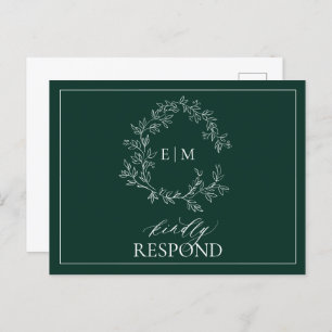 Invitation Carte Postale Emerald Green Leafy Crest Monogramme Mariage RSVP