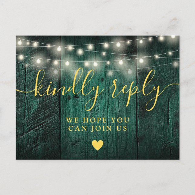 Invitation Carte Postale Emerald Green Lights Wood Song Demande RSVP (Devant)