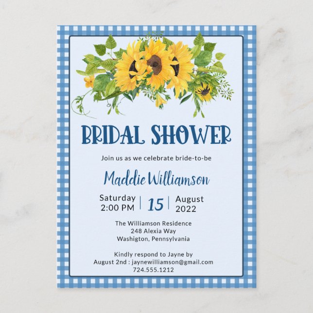 Invitation Carte Postale en vichy Sunflowers Rustic Bridal Shower Invitatio (Devant)
