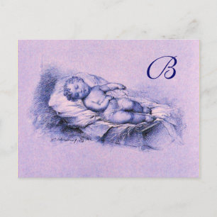 INVITATION CARTE POSTALE ENFANT DORMIER, BABY SHOWER BLEU ROSE MONOGRAMME