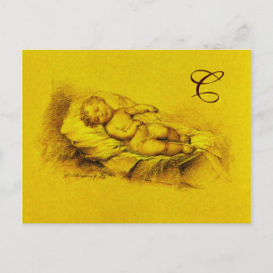 INVITATION CARTE POSTALE ENFANT DORMIER, BABY SHOWER JAUNE D'OR MONOGRAMME