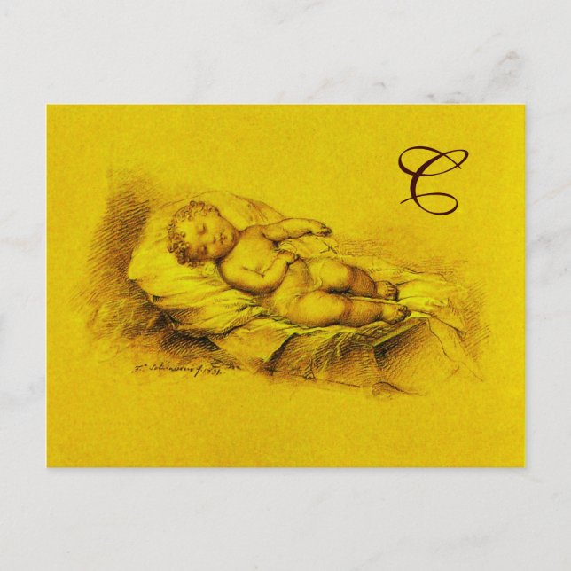 INVITATION CARTE POSTALE ENFANT DORMIER, BABY SHOWER JAUNE D'OR MONOGRAMME (Devant)