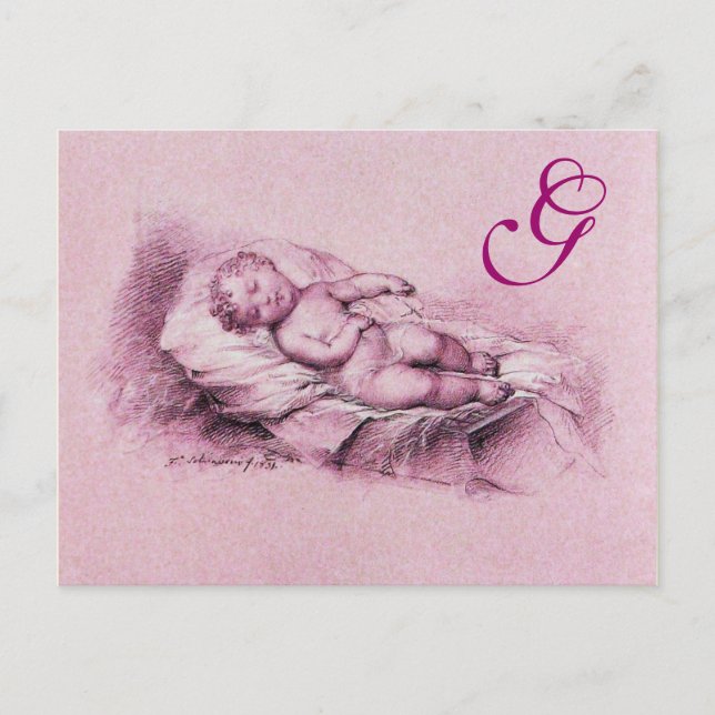 INVITATION CARTE POSTALE ENFANT DORMIER, BABY SHOWER ROSE MONOGRAMME (Devant)