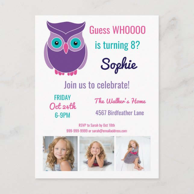 Invitation Carte Postale Enfants hibou fête d'anniversaire mignonne animal  (Devant)