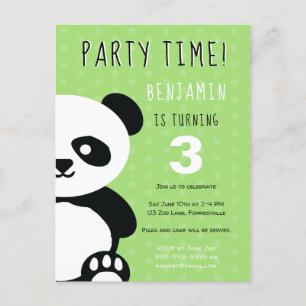 Invitation Carte Postale Enfants Personnalisés Panda Kawaii Vert Anniversai