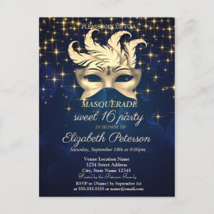 Invitation Carte Postale Étoiles d'Or,Masque,Bleu Marine Sweet 16