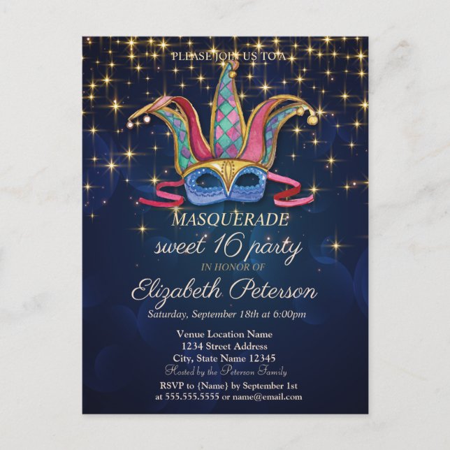 Invitation Carte Postale Etoiles d'or, Masque coloré, Marine Blue Sweet 16 (Devant)