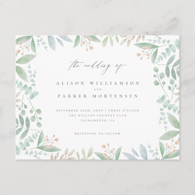 Invitation Carte Postale Eucalyptus doux chic, Feuille & Mariage vert (Devant)