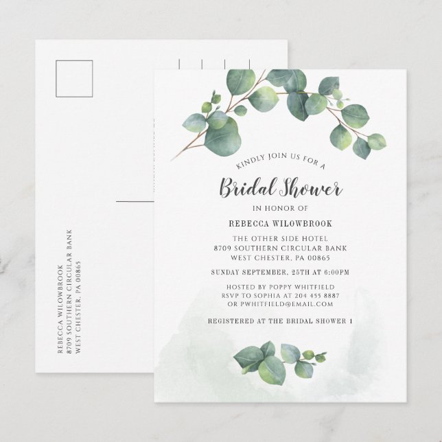 Invitation Carte Postale Eucalyptus Fête des mariées aquarelle verte (Devant / Derrière)