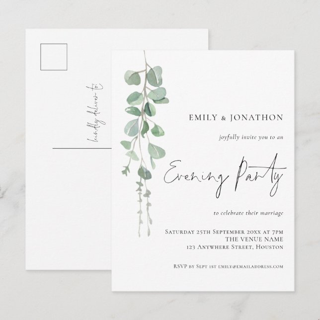 Invitation Carte Postale Eucalyptus Mariage soirée aquarelle (Devant / Derrière)
