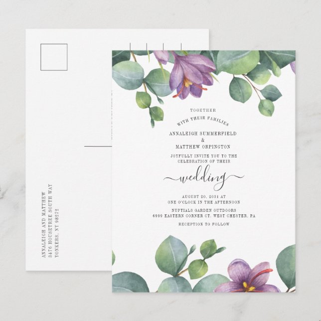 Invitation Carte Postale Eucalyptus Vert Mariage d'aquarelle Succulent (Devant / Derrière)