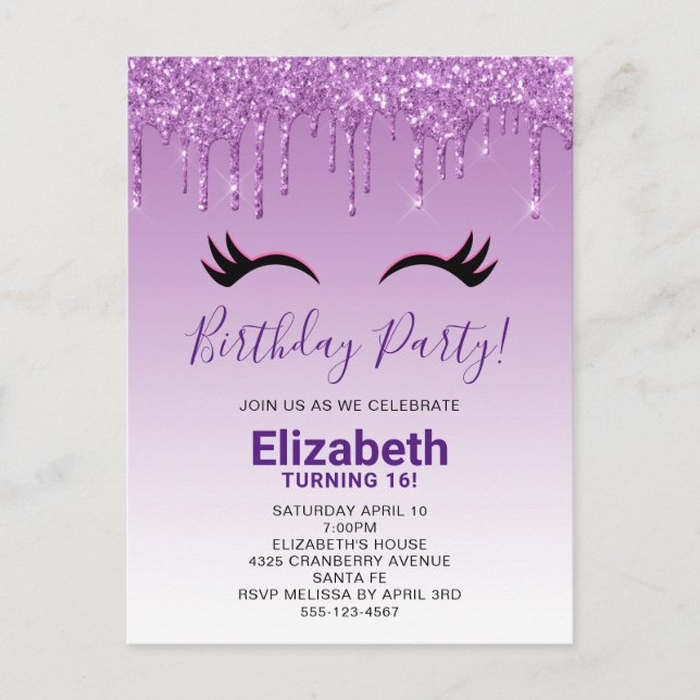 Invitation Carte Postale Eyelashes rose et noir élégant sur Parties scintil (Devant)