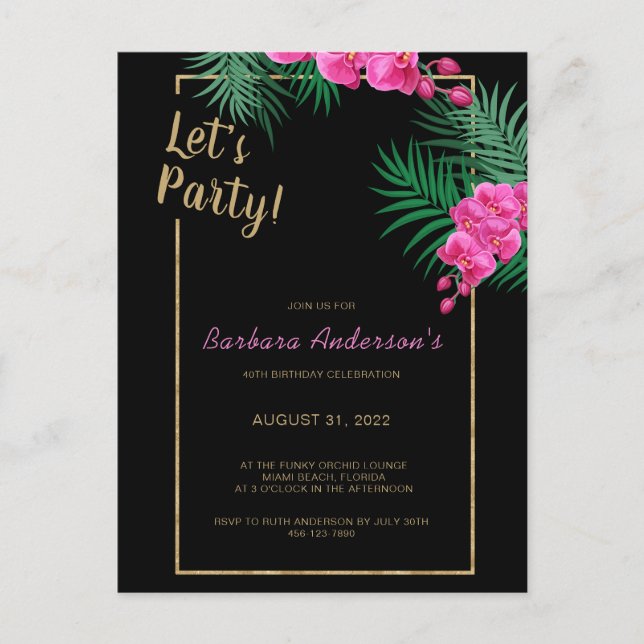 Invitation Carte Postale Faisons la fête Black Gold Tropical 40e anniversai (Devant)