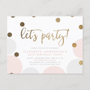 Invitation Carte Postale Faisons la fête ! Bubbles roses Gold Script Anni