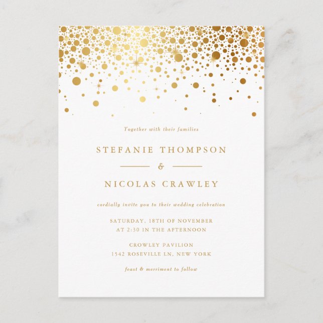 Invitation Carte Postale Faux Gold Foil Confetti Dots QR Code Mariage (Devant)