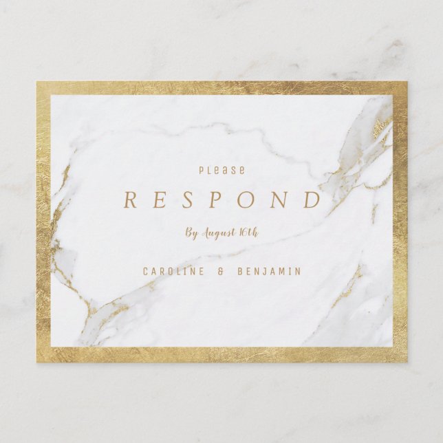 Invitation Carte Postale Faux or foin marbre luxe mariage moderne RSVP (Devant)