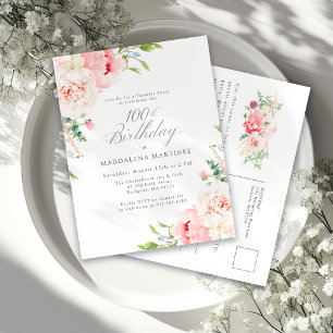 Invitation Carte Postale Feminine Rose Floral 100e anniversaire Surprise Pa