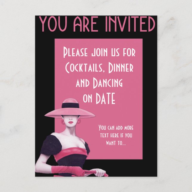 Invitation Carte Postale Femme chic avec un chapeau rose/Invitation avec ga (Devant)