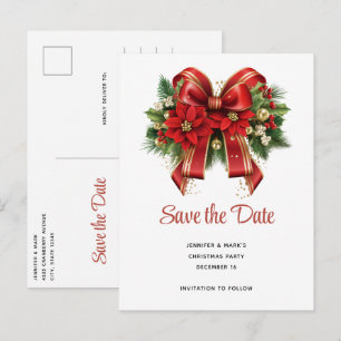Invitation Carte Postale Festive Red and Gold Christmas Bow Enregistrer la 