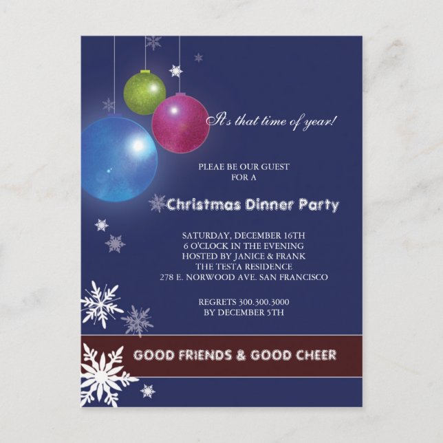 Invitation Carte Postale Festivités d'hiver Diner fêtes (Devant)