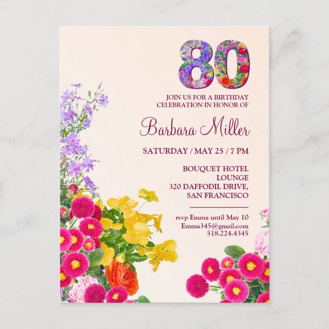 Invitation Carte Postale fête 80e anniversaire floral moderne 80 ans fête (Devant)